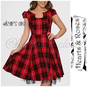 Hearts & Roses Red and Black Plaid Rockabilly Swing Dress 14 // UK 18